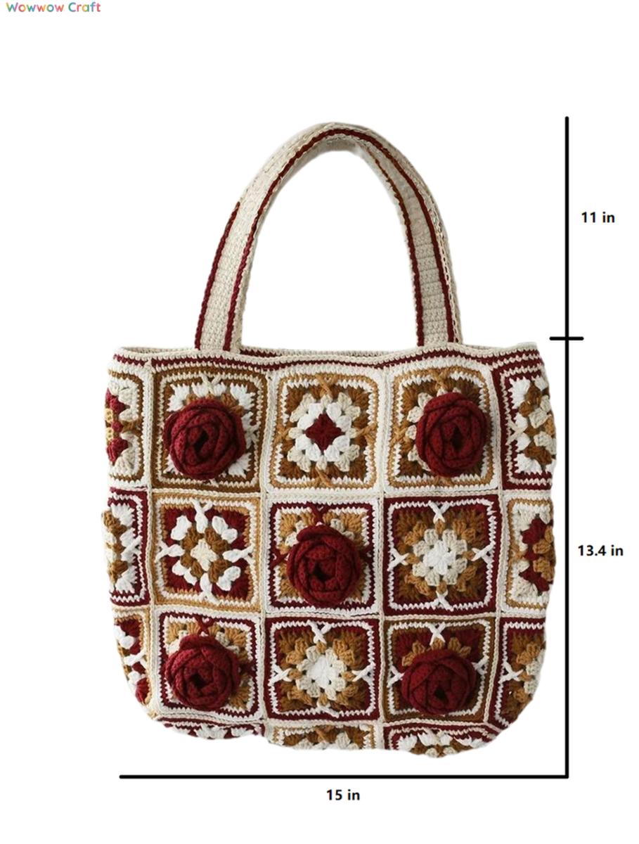 Shoulder Bags,Totes,Handmade Crochet Bags,Burgundy Flowers Embroidery Granny Square Tote crocheted with Snow Fairy Yarn - High quality handmade crocheted shoulder bag
